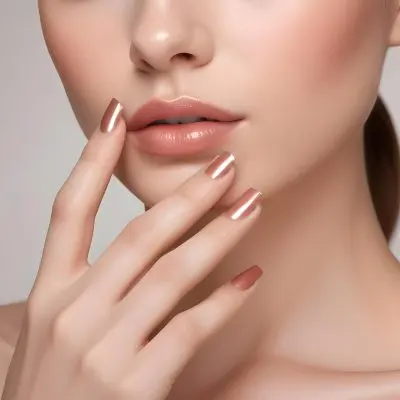 A Young Woman With Fair Skin And A Smooth Complexion Showcasing Her Hand With Manicured Nails Her Nails Are Painted In A Glossy Rose Gold Color With A Sharp Elegant Shape She Has Full Lips Coated In A Shiny Nude Lip G 27 Fbaf