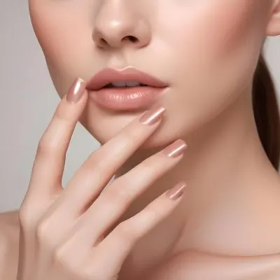 A Young Woman With Fair Skin And A Smooth Complexion Showcasing Her Hand With Manicured Nails Her Nails Are Painted In A Glossy Rose Gold Color With A Sharp Elegant Shape She Has Full Lips Coated In A Shiny Nude Lip G 35 84d9