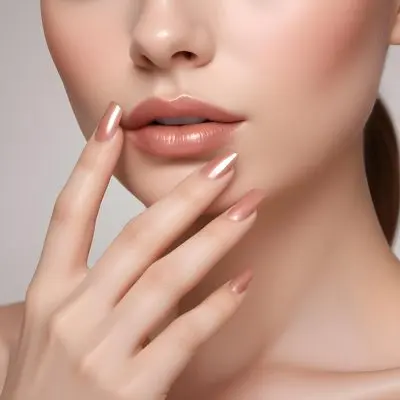 A Young Woman With Fair Skin And A Smooth Complexion Showcasing Her Hand With Manicured Nails Her Nails Are Painted In A Glossy Rose Gold Color With A Sharp Elegant Shape She Has Full Lips Coated In A Shiny Nude Lip G 36 D153