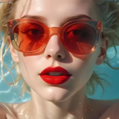 A Young Woman With Fair Skin And Blonde Hair Submerged In Water Wearing Oversized Transparent Sunglasses And Bright Red Lipstick The Sunlight Reflects Off The Water S Surface Creating A Shimmering Effect On Her Face 10 Bd9f