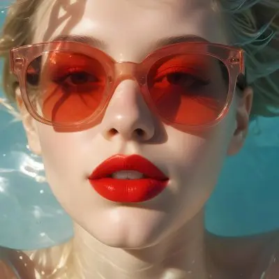 A Young Woman With Fair Skin And Blonde Hair Submerged In Water Wearing Oversized Transparent Sunglasses And Bright Red Lipstick The Sunlight Reflects Off The Water S Surface Creating A Shimmering Effect On Her Face 14 E218