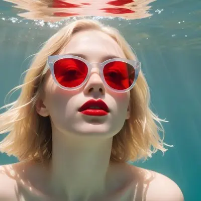 A Young Woman With Fair Skin And Blonde Hair Submerged In Water Wearing Oversized Transparent Sunglasses And Bright Red Lipstick The Sunlight Reflects Off The Water S Surface Creating A Shimmering Effect On Her Face 23 98a6