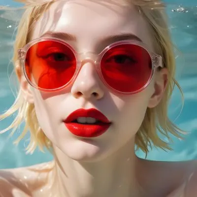 A Young Woman With Fair Skin And Blonde Hair Submerged In Water Wearing Oversized Transparent Sunglasses And Bright Red Lipstick The Sunlight Reflects Off The Water S Surface Creating A Shimmering Effect On Her Face 24 1461