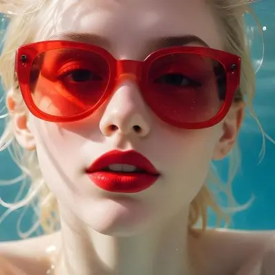 A Young Woman With Fair Skin And Blonde Hair Submerged In Water Wearing Oversized Transparent Sunglasses And Bright Red Lipstick The Sunlight Reflects Off The Water S Surface Creating A Shimmering Effect On Her Face 28 3bde