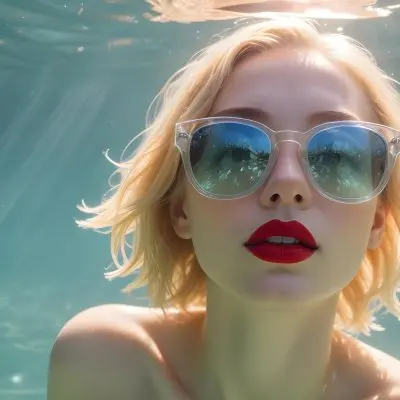 A Young Woman With Fair Skin And Blonde Hair Submerged In Water Wearing Oversized Transparent Sunglasses And Bright Red Lipstick The Sunlight Reflects Off The Water S Surface Creating A Shimmering Effect On Her Face 31 2c35