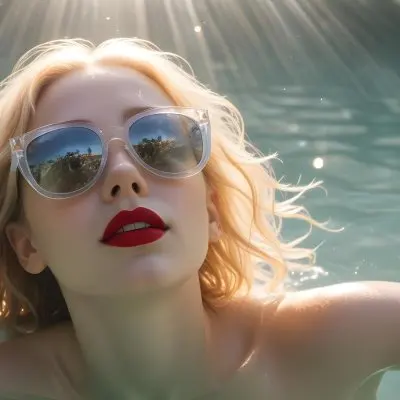 A Young Woman With Fair Skin And Blonde Hair Submerged In Water Wearing Oversized Transparent Sunglasses And Bright Red Lipstick The Sunlight Reflects Off The Water S Surface Creating A Shimmering Effect On Her Face 33 F0f1