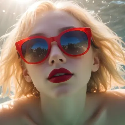 A Young Woman With Fair Skin And Blonde Hair Submerged In Water Wearing Oversized Transparent Sunglasses And Bright Red Lipstick The Sunlight Reflects Off The Water S Surface Creating A Shimmering Effect On Her Face 37 B146