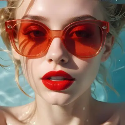 A Young Woman With Fair Skin And Blonde Hair Submerged In Water Wearing Oversized Transparent Sunglasses And Bright Red Lipstick The Sunlight Reflects Off The Water S Surface Creating A Shimmering Effect On Her Face 42 3687