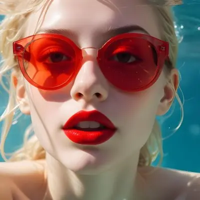 A Young Woman With Fair Skin And Blonde Hair Submerged In Water Wearing Oversized Transparent Sunglasses And Bright Red Lipstick The Sunlight Reflects Off The Water S Surface Creating A Shimmering Effect On Her Face 48 2546