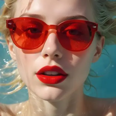 A Young Woman With Fair Skin And Blonde Hair Submerged In Water Wearing Oversized Transparent Sunglasses And Bright Red Lipstick The Sunlight Reflects Off The Water S Surface Creating A Shimmering Effect On Her Face 6 3315
