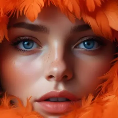 A Young Woman With Fair Skin And Blue Eyes Around 20 Years Old Framed By Vibrant Orange Feathers She Has Full Lips And A Natural Makeup Look With Freckles Visible On Her Cheeks The Background Is Blurred Emphas 10 85b9