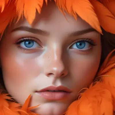 A Young Woman With Fair Skin And Blue Eyes Around 20 Years Old Framed By Vibrant Orange Feathers She Has Full Lips And A Natural Makeup Look With Freckles Visible On Her Cheeks The Background Is Blurred Emphas 22 8872