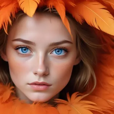 A Young Woman With Fair Skin And Blue Eyes Around 20 Years Old Framed By Vibrant Orange Feathers She Has Full Lips And A Natural Makeup Look With Freckles Visible On Her Cheeks The Background Is Blurred Emphas 9 580c