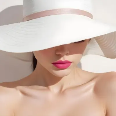 A Young Woman With Fair Skin And Dark Hair Wearing A Large White Sun Hat That Obscures Her Eyes She Has Bold Bright Pink Lipstick And Is Bare Shouldered With A Neutral Background 10 72b0
