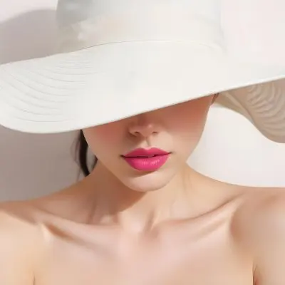 A Young Woman With Fair Skin And Dark Hair Wearing A Large White Sun Hat That Obscures Her Eyes She Has Bold Bright Pink Lipstick And Is Bare Shouldered With A Neutral Background 30 B835