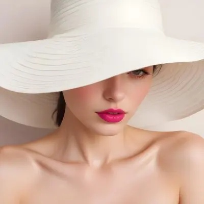A Young Woman With Fair Skin And Dark Hair Wearing A Large White Sun Hat That Obscures Her Eyes She Has Bold Bright Pink Lipstick And Is Bare Shouldered With A Neutral Background 4 212c