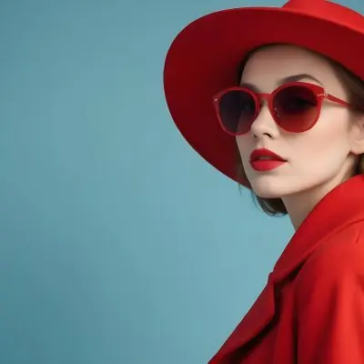 A Young Woman With Fair Skin And Light Brown Hair Approximately 25 Years Old Wearing A Red Hat And Red Sunglasses She Has Red Lipstick And Is Dressed In A Red Coat The Background Is A Solid Light Blue Color 103 9c94
