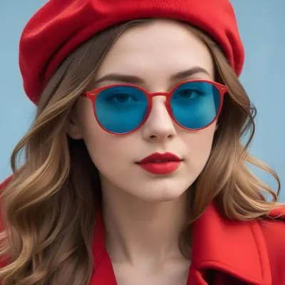 A Young Woman With Fair Skin And Light Brown Hair Approximately 25 Years Old Wearing A Red Hat And Red Sunglasses She Has Red Lipstick And Is Dressed In A Red Coat The Background Is A Solid Light Blue Color 108 Ea51
