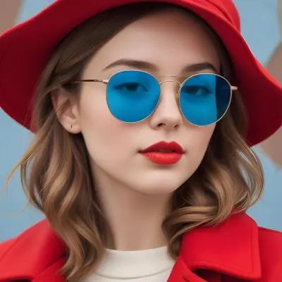 A Young Woman With Fair Skin And Light Brown Hair Approximately 25 Years Old Wearing A Red Hat And Red Sunglasses She Has Red Lipstick And Is Dressed In A Red Coat The Background Is A Solid Light Blue Color 111 379a