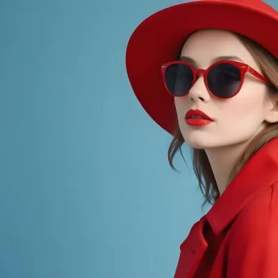 A Young Woman With Fair Skin And Light Brown Hair Approximately 25 Years Old Wearing A Red Hat And Red Sunglasses She Has Red Lipstick And Is Dressed In A Red Coat The Background Is A Solid Light Blue Color 116 3018