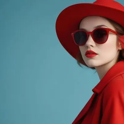 A Young Woman With Fair Skin And Light Brown Hair Approximately 25 Years Old Wearing A Red Hat And Red Sunglasses She Has Red Lipstick And Is Dressed In A Red Coat The Background Is A Solid Light Blue Color 123 Cabe