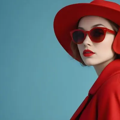 A Young Woman With Fair Skin And Light Brown Hair Approximately 25 Years Old Wearing A Red Hat And Red Sunglasses She Has Red Lipstick And Is Dressed In A Red Coat The Background Is A Solid Light Blue Color 125 A68f