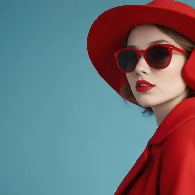 A Young Woman With Fair Skin And Light Brown Hair Approximately 25 Years Old Wearing A Red Hat And Red Sunglasses She Has Red Lipstick And Is Dressed In A Red Coat The Background Is A Solid Light Blue Color 126 Dd26