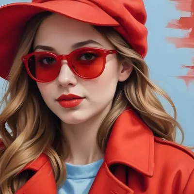 A Young Woman With Fair Skin And Light Brown Hair Approximately 25 Years Old Wearing A Red Hat And Red Sunglasses She Has Red Lipstick And Is Dressed In A Red Coat The Background Is A Solid Light Blue Color 20 F63a