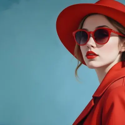 A Young Woman With Fair Skin And Light Brown Hair Approximately 25 Years Old Wearing A Red Hat And Red Sunglasses She Has Red Lipstick And Is Dressed In A Red Coat The Background Is A Solid Light Blue Color 22 A1dc