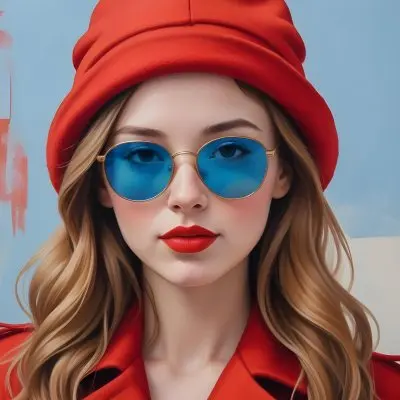 A Young Woman With Fair Skin And Light Brown Hair Approximately 25 Years Old Wearing A Red Hat And Red Sunglasses She Has Red Lipstick And Is Dressed In A Red Coat The Background Is A Solid Light Blue Color 24 D084
