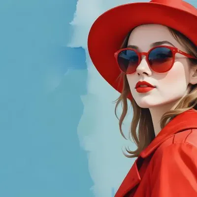 A Young Woman With Fair Skin And Light Brown Hair Approximately 25 Years Old Wearing A Red Hat And Red Sunglasses She Has Red Lipstick And Is Dressed In A Red Coat The Background Is A Solid Light Blue Color 25 208a