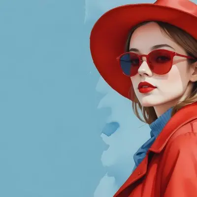 A Young Woman With Fair Skin And Light Brown Hair Approximately 25 Years Old Wearing A Red Hat And Red Sunglasses She Has Red Lipstick And Is Dressed In A Red Coat The Background Is A Solid Light Blue Color 27 678a