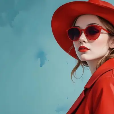 A Young Woman With Fair Skin And Light Brown Hair Approximately 25 Years Old Wearing A Red Hat And Red Sunglasses She Has Red Lipstick And Is Dressed In A Red Coat The Background Is A Solid Light Blue Color 31 Cde1