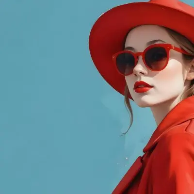 A Young Woman With Fair Skin And Light Brown Hair Approximately 25 Years Old Wearing A Red Hat And Red Sunglasses She Has Red Lipstick And Is Dressed In A Red Coat The Background Is A Solid Light Blue Color 32 Bc7b