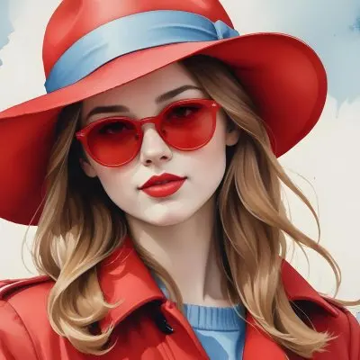 A Young Woman With Fair Skin And Light Brown Hair Approximately 25 Years Old Wearing A Red Hat And Red Sunglasses She Has Red Lipstick And Is Dressed In A Red Coat The Background Is A Solid Light Blue Color 42 E157