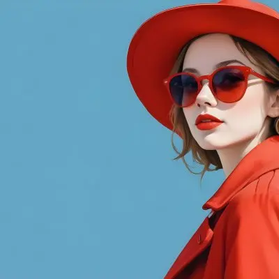 A Young Woman With Fair Skin And Light Brown Hair Approximately 25 Years Old Wearing A Red Hat And Red Sunglasses She Has Red Lipstick And Is Dressed In A Red Coat The Background Is A Solid Light Blue Color 43 A57b