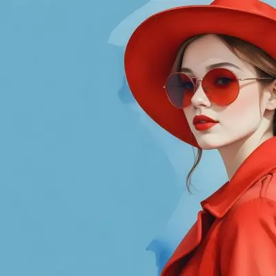 A Young Woman With Fair Skin And Light Brown Hair Approximately 25 Years Old Wearing A Red Hat And Red Sunglasses She Has Red Lipstick And Is Dressed In A Red Coat The Background Is A Solid Light Blue Color 51 C33e