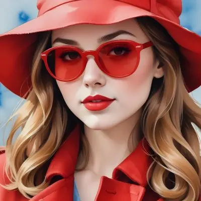 A Young Woman With Fair Skin And Light Brown Hair Approximately 25 Years Old Wearing A Red Hat And Red Sunglasses She Has Red Lipstick And Is Dressed In A Red Coat The Background Is A Solid Light Blue Color 54 Ae6f