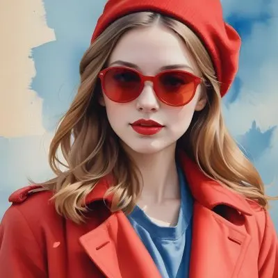 A Young Woman With Fair Skin And Light Brown Hair Approximately 25 Years Old Wearing A Red Hat And Red Sunglasses She Has Red Lipstick And Is Dressed In A Red Coat The Background Is A Solid Light Blue Color 58 2286