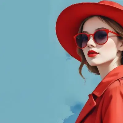 A Young Woman With Fair Skin And Light Brown Hair Approximately 25 Years Old Wearing A Red Hat And Red Sunglasses She Has Red Lipstick And Is Dressed In A Red Coat The Background Is A Solid Light Blue Color 59 6319