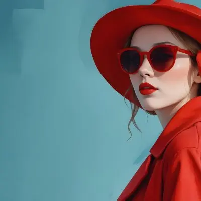 A Young Woman With Fair Skin And Light Brown Hair Approximately 25 Years Old Wearing A Red Hat And Red Sunglasses She Has Red Lipstick And Is Dressed In A Red Coat The Background Is A Solid Light Blue Color 72 D467