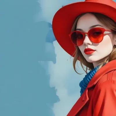 A Young Woman With Fair Skin And Light Brown Hair Approximately 25 Years Old Wearing A Red Hat And Red Sunglasses She Has Red Lipstick And Is Dressed In A Red Coat The Background Is A Solid Light Blue Color 77 Af21