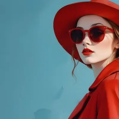 A Young Woman With Fair Skin And Light Brown Hair Approximately 25 Years Old Wearing A Red Hat And Red Sunglasses She Has Red Lipstick And Is Dressed In A Red Coat The Background Is A Solid Light Blue Color 79 5ef4