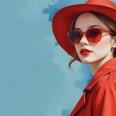 A Young Woman With Fair Skin And Light Brown Hair Approximately 25 Years Old Wearing A Red Hat And Red Sunglasses She Has Red Lipstick And Is Dressed In A Red Coat The Background Is A Solid Light Blue Color 81 F139