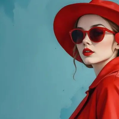 A Young Woman With Fair Skin And Light Brown Hair Approximately 25 Years Old Wearing A Red Hat And Red Sunglasses She Has Red Lipstick And Is Dressed In A Red Coat The Background Is A Solid Light Blue Color 83 D8c6