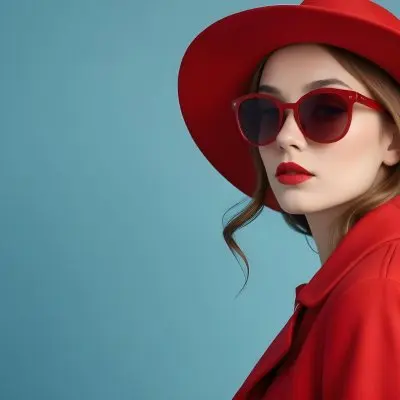 A Young Woman With Fair Skin And Light Brown Hair Approximately 25 Years Old Wearing A Red Hat And Red Sunglasses She Has Red Lipstick And Is Dressed In A Red Coat The Background Is A Solid Light Blue Color 84 35b6
