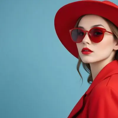 A Young Woman With Fair Skin And Light Brown Hair Approximately 25 Years Old Wearing A Red Hat And Red Sunglasses She Has Red Lipstick And Is Dressed In A Red Coat The Background Is A Solid Light Blue Color 86 D0c7