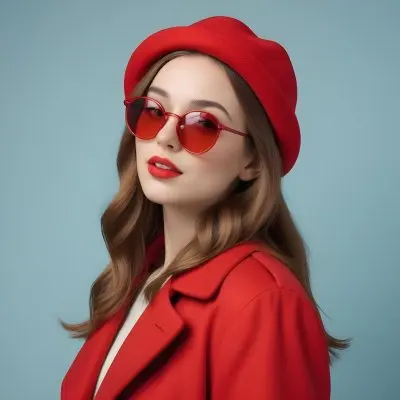 A Young Woman With Fair Skin And Light Brown Hair Approximately 25 Years Old Wearing A Red Hat And Red Sunglasses She Has Red Lipstick And Is Dressed In A Red Coat The Background Is A Solid Light Blue Color 89 D68d