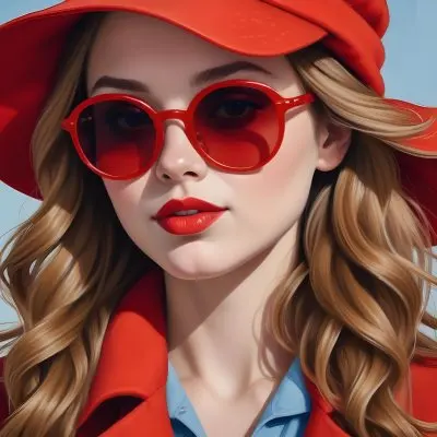 A Young Woman With Fair Skin And Light Brown Hair Approximately 25 Years Old Wearing A Red Hat And Red Sunglasses She Has Red Lipstick And Is Dressed In A Red Coat The Background Is A Solid Light Blue Color 9 7cbb