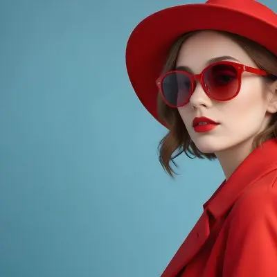 A Young Woman With Fair Skin And Light Brown Hair Approximately 25 Years Old Wearing A Red Hat And Red Sunglasses She Has Red Lipstick And Is Dressed In A Red Coat The Background Is A Solid Light Blue Color 93 30a2